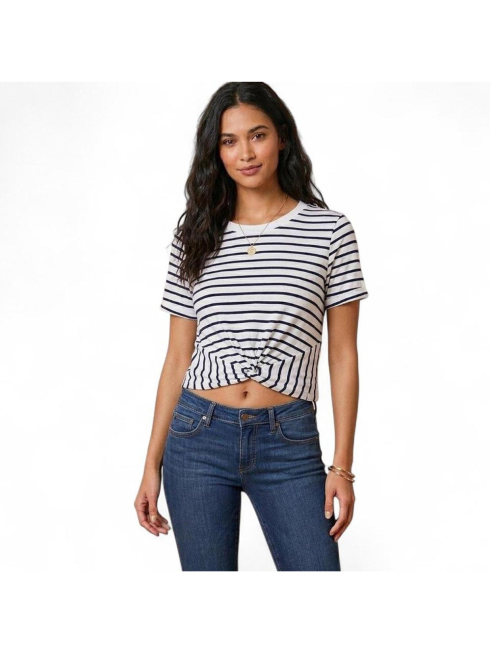 Fabletics navy and white striped crop top